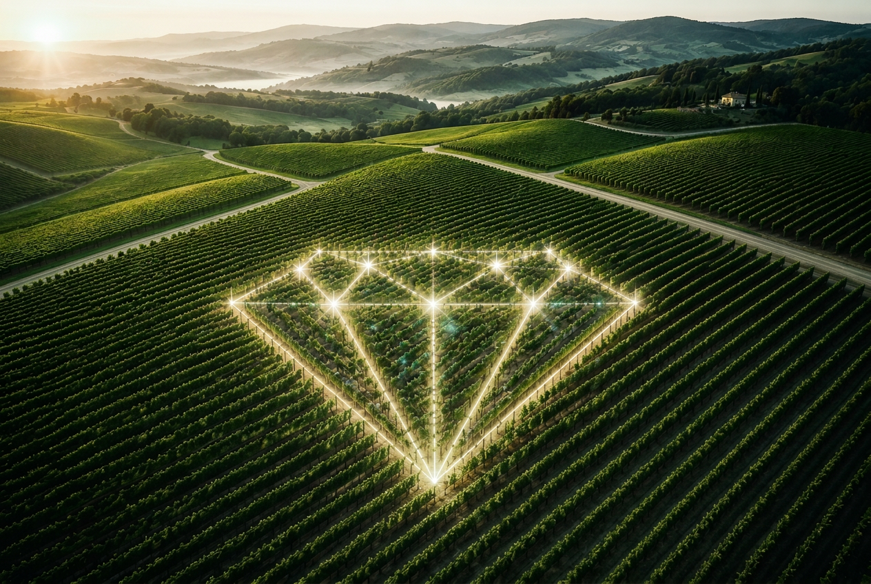 Aerial view of vineyard rows with a glowing diamond pattern at sunset
