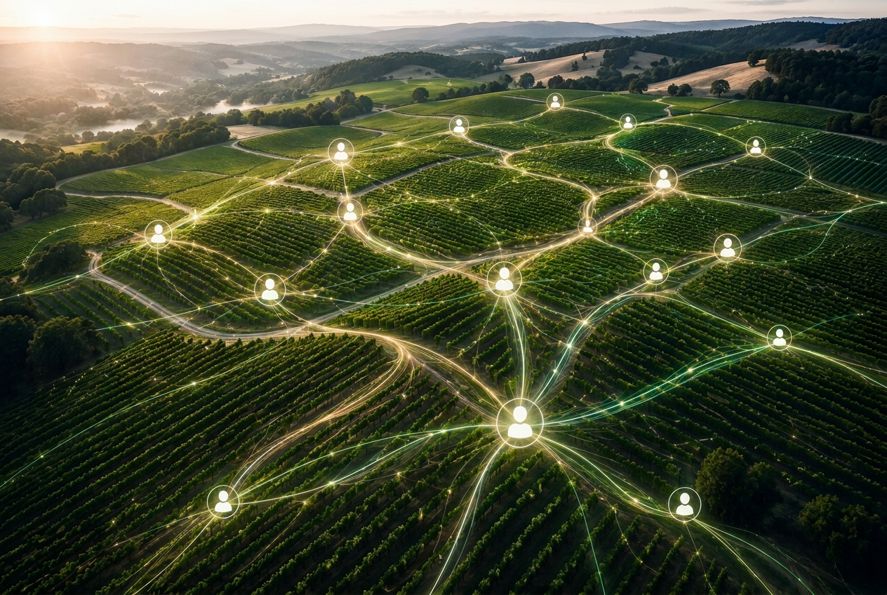 Aerial view of vineyard transforming into glowing interconnected network