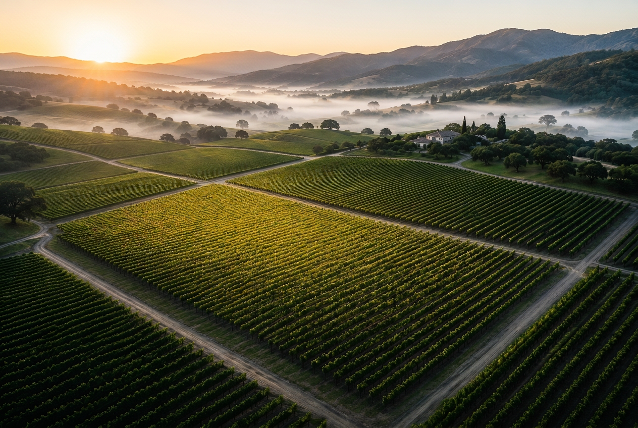 Aerial sunrise view of a luxury vineyard estate among rolling hills